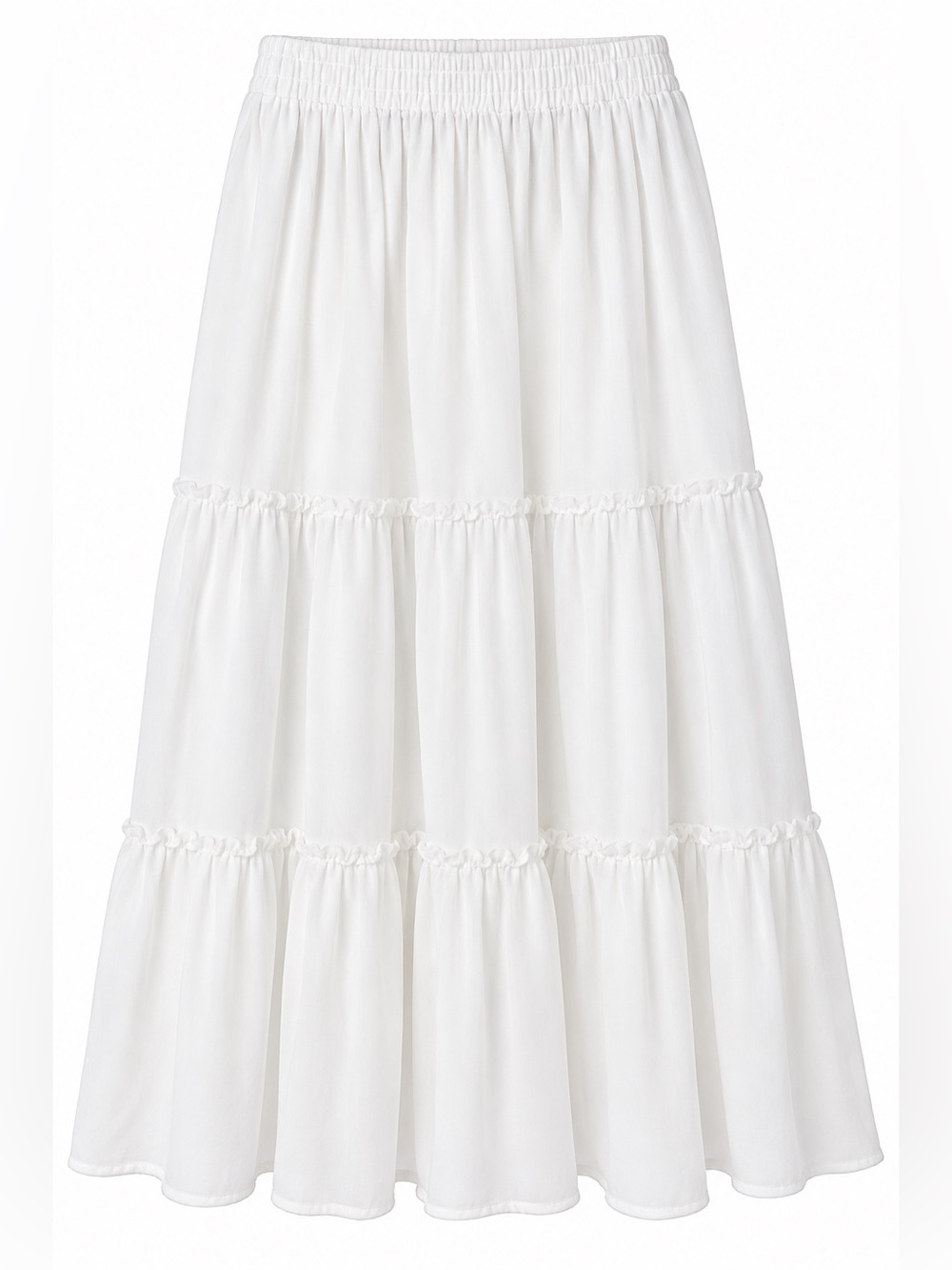 White Tiered Flowy Midi Skirt Elastic Waist Boho Size Large
